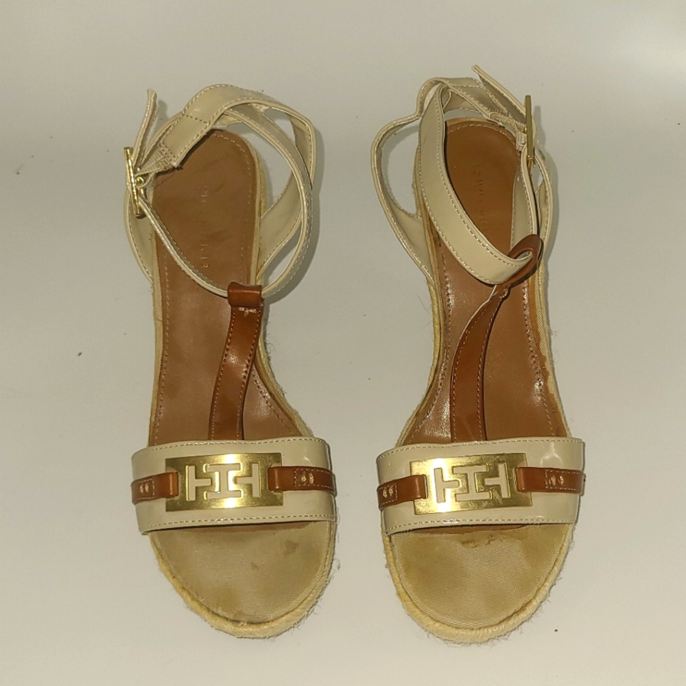 Tommy Hilfiger T strap tan wedges
